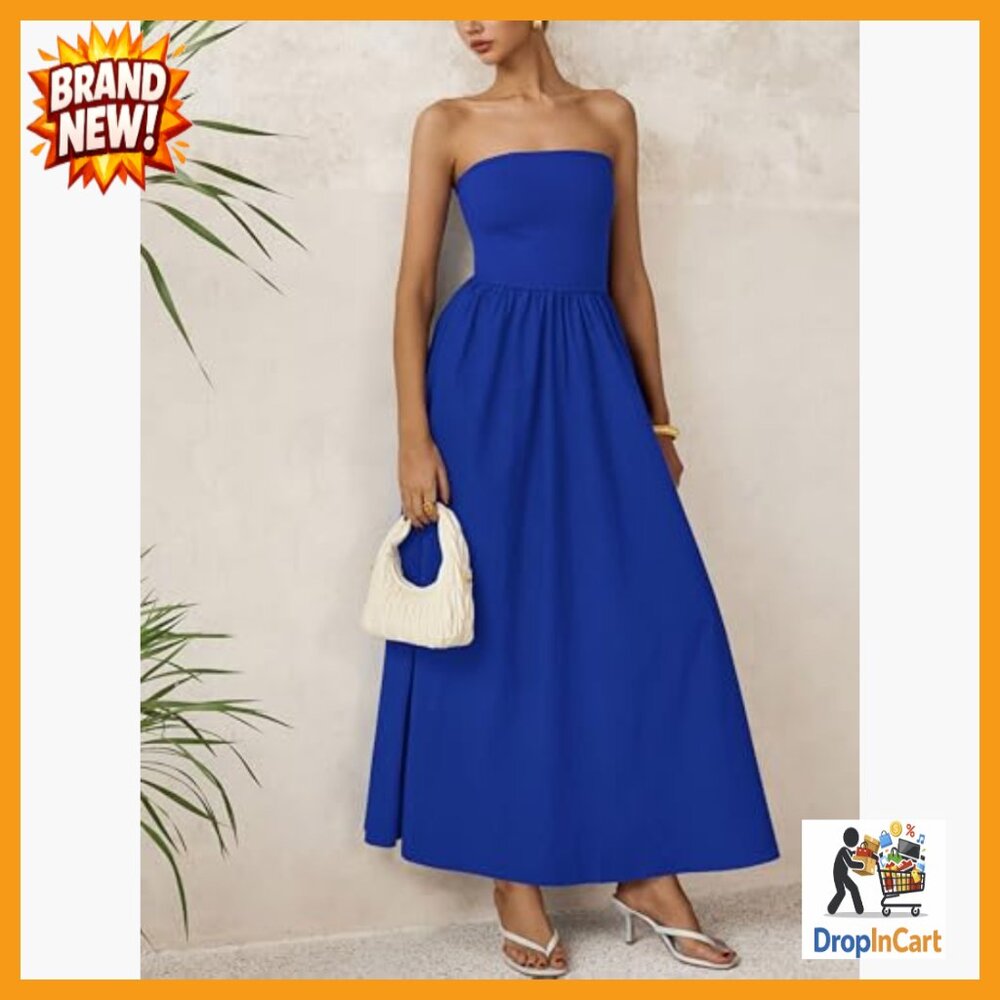 Elegant Strapless Maxi Dress Formal Wedding Party Cocktail Boho Chic - Picture 5 of 7